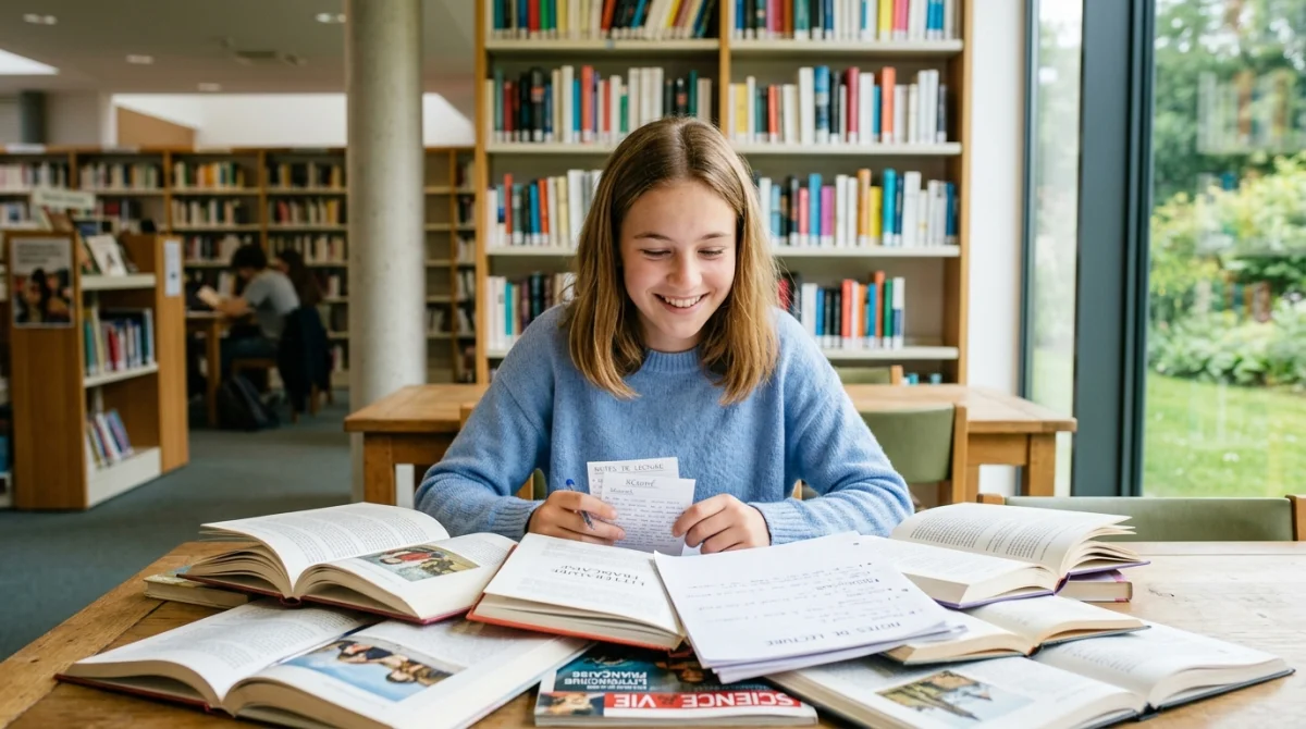 Jeune fille concentrée sur des livres ouverts, préparant le brevet des collèges 2025.