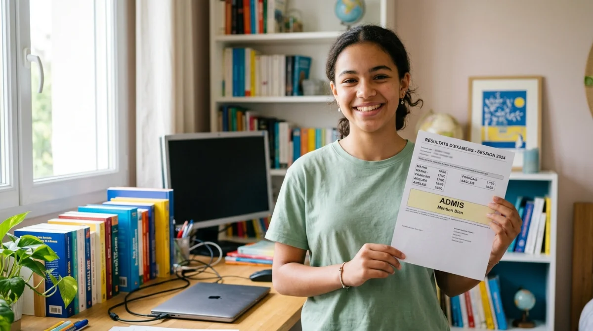 Jeune fille souriante tenant ses résultats du brevet des collèges 2025 avec succès.