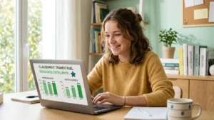 Jeune fille souriante célébrant les bons résultats du brevet des collèges 2025 sur son ordinateur.