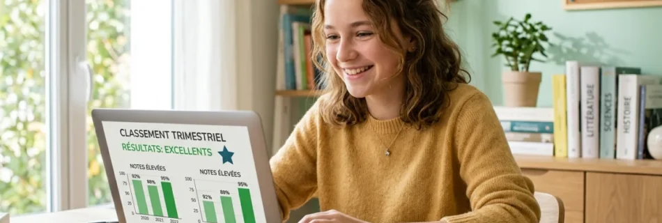 Jeune fille souriante célébrant les bons résultats du brevet des collèges 2025 sur son ordinateur.