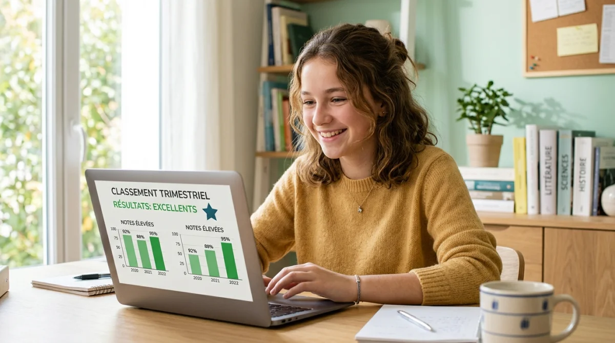 Jeune fille souriante célébrant les bons résultats du brevet des collèges 2025 sur son ordinateur.