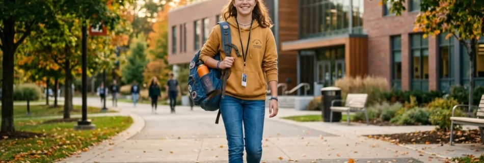 Élève souriante au collège 41, sac à dos, devant un bâtiment scolaire moderne.