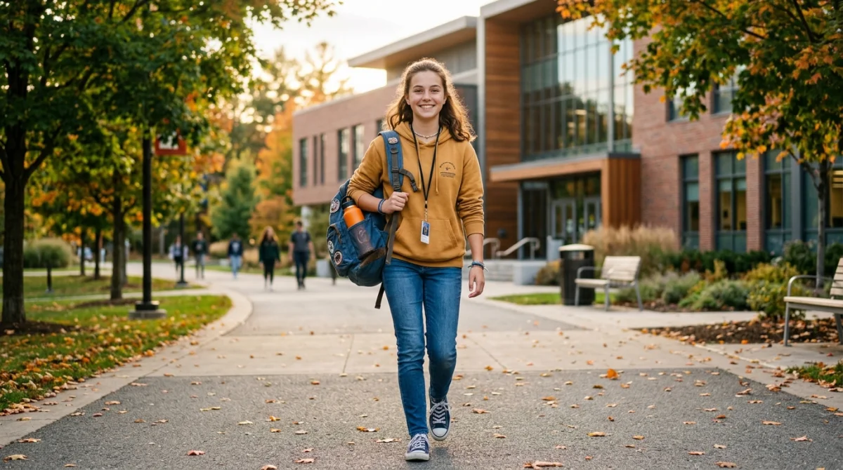 Élève souriante au collège 41, sac à dos, devant un bâtiment scolaire moderne.