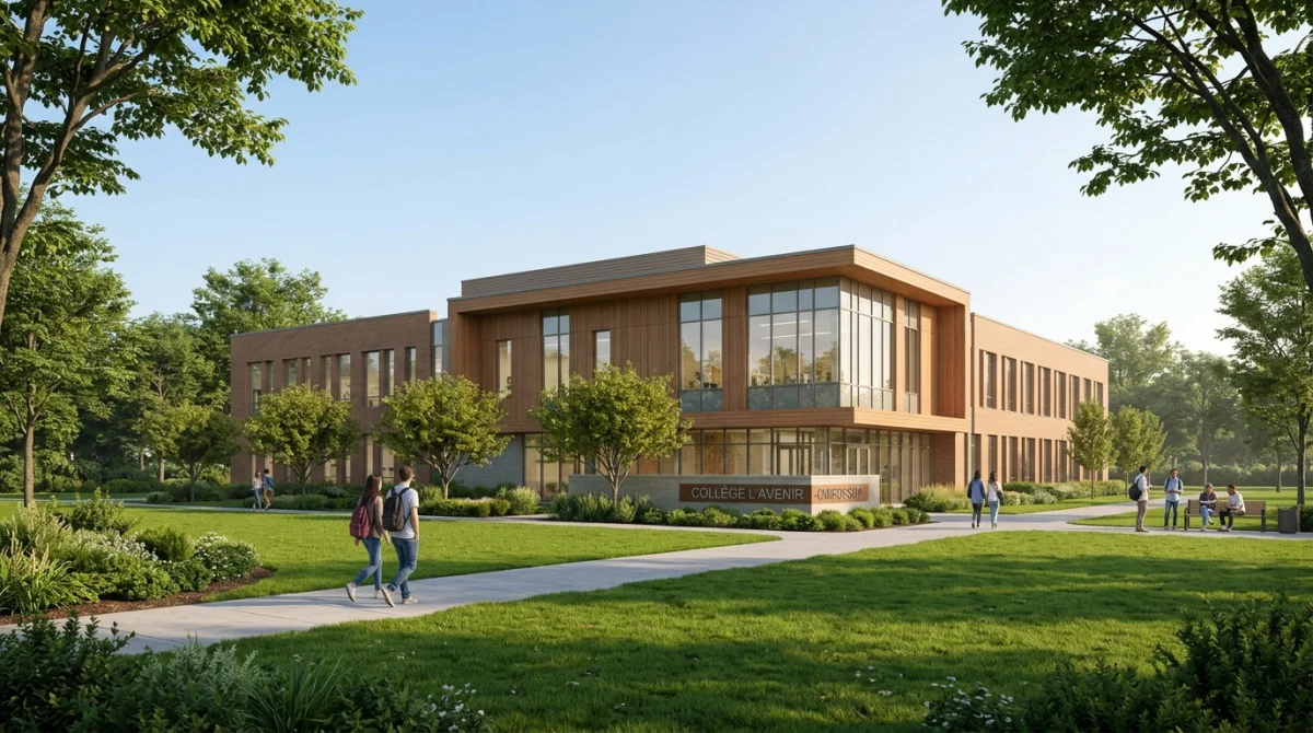 Bâtiment moderne et accueillant du collège 41 dans un campus verdoyant et ensoleillé.