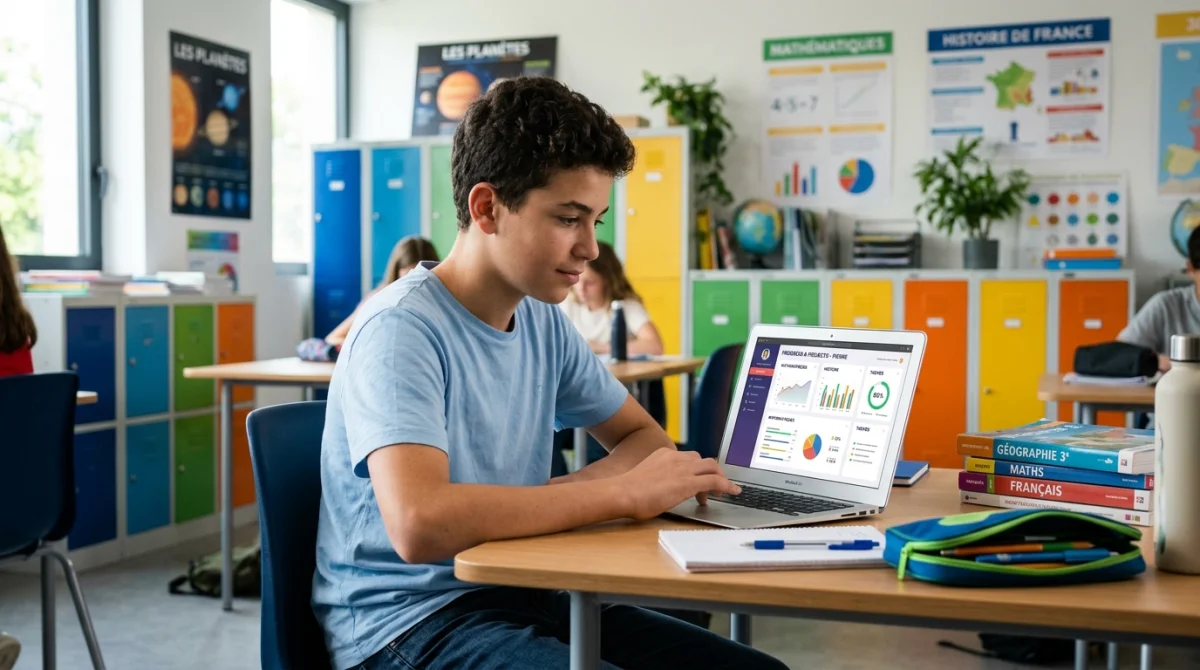 Adolescent concentré sur un tableau de bord numérique au collège 95