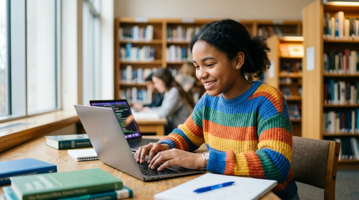 Élève souriante travaillant sur ordinateur portable dans une bibliothèque de collège moderne.