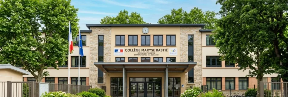 Façade du collège Maryse Bastié sous un ciel bleu, entrée principale visible.