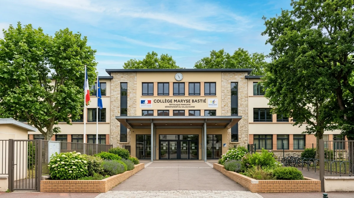 Façade du collège Maryse Bastié sous un ciel bleu, entrée principale visible.