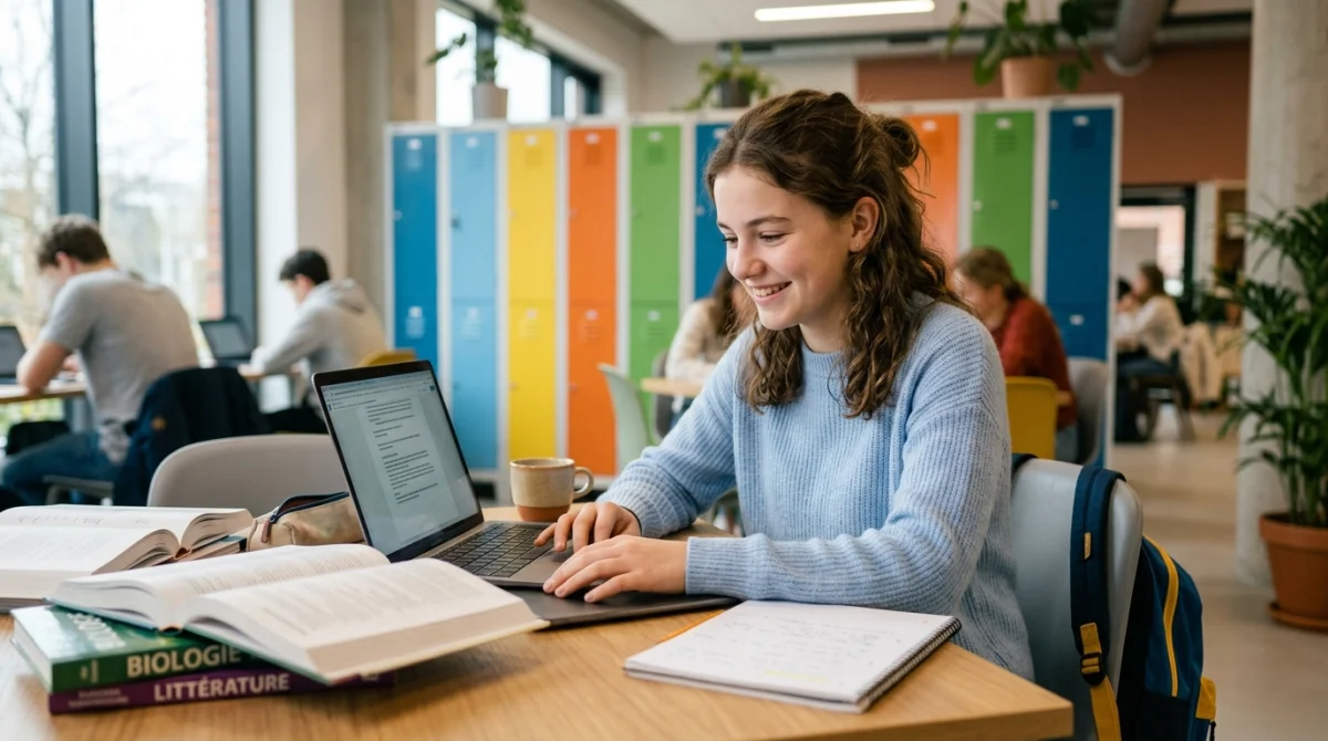Élève souriante utilisant un ordinateur portable dans un espace d'étude moderne de mon collège Var.
