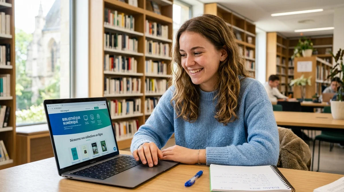 Élève utilisant le site web "Mon Collège Valdoise" sur un ordinateur portable dans une bibliothèque.