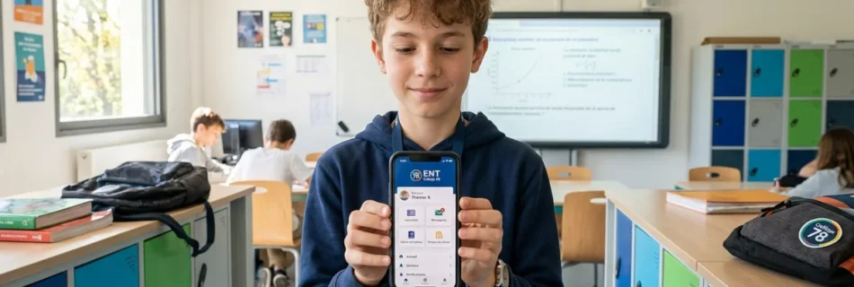Élève utilisant l'ENT Collège 78 sur smartphone en salle de classe moderne