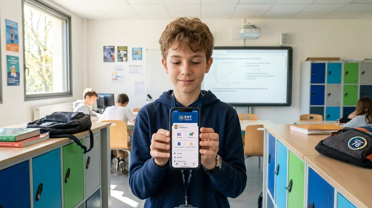 Élève utilisant l'ENT Collège 78 sur smartphone en salle de classe moderne