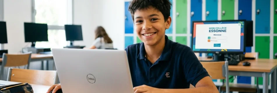Élève souriant devant un ordinateur affichant la page de connexion de Mon Collège Essonne.