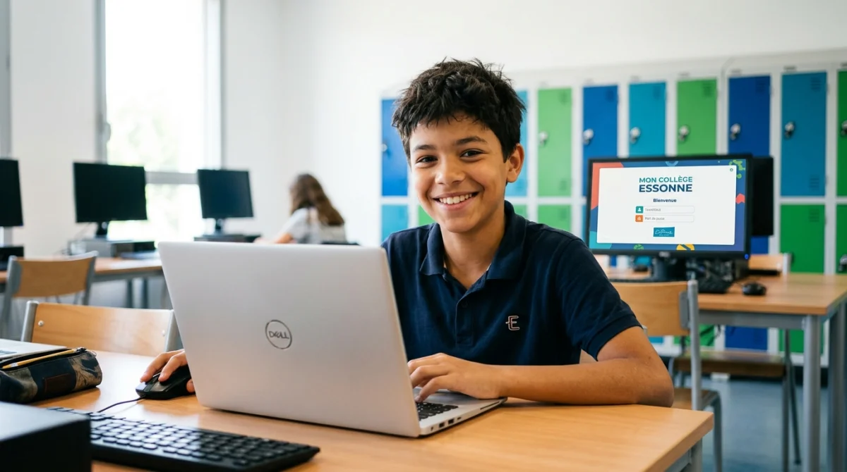 Élève souriant devant un ordinateur affichant la page de connexion de Mon Collège Essonne.