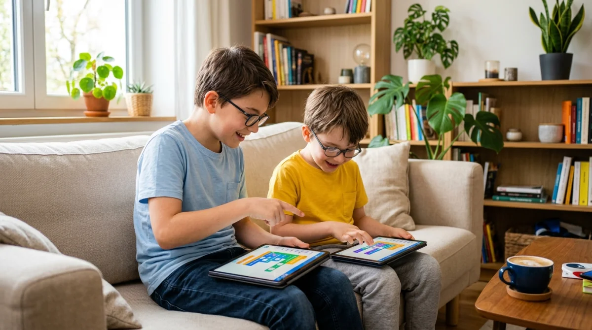 Enfants apprenant à coder avec Blockly sur des tablettes dans un salon moderne.