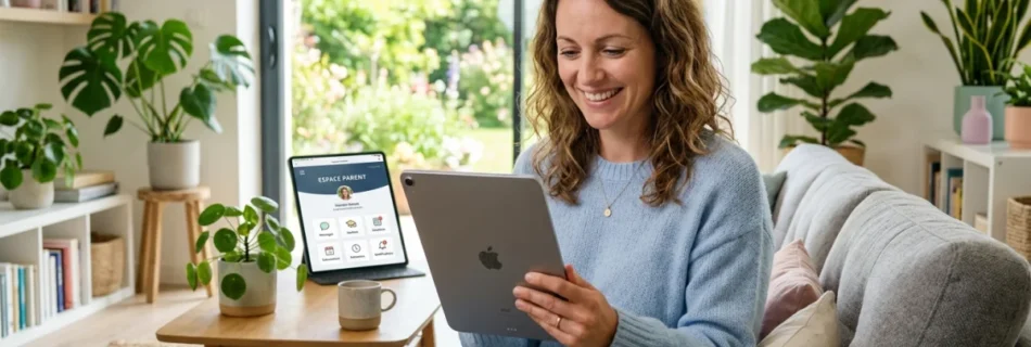 Mère souriante utilisant une tablette pour accéder à l'espace parent de Mon Collège Var.