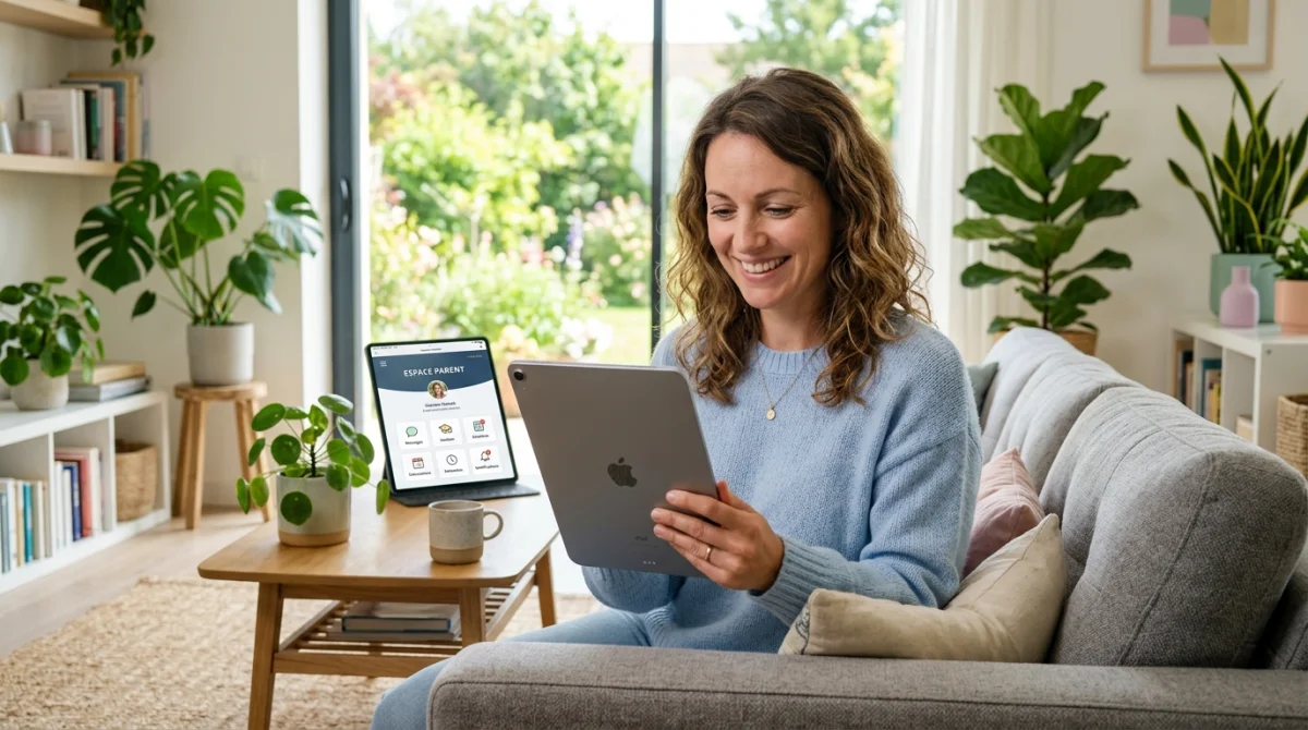 Mère souriante utilisant une tablette pour accéder à l'espace parent de Mon Collège Var.