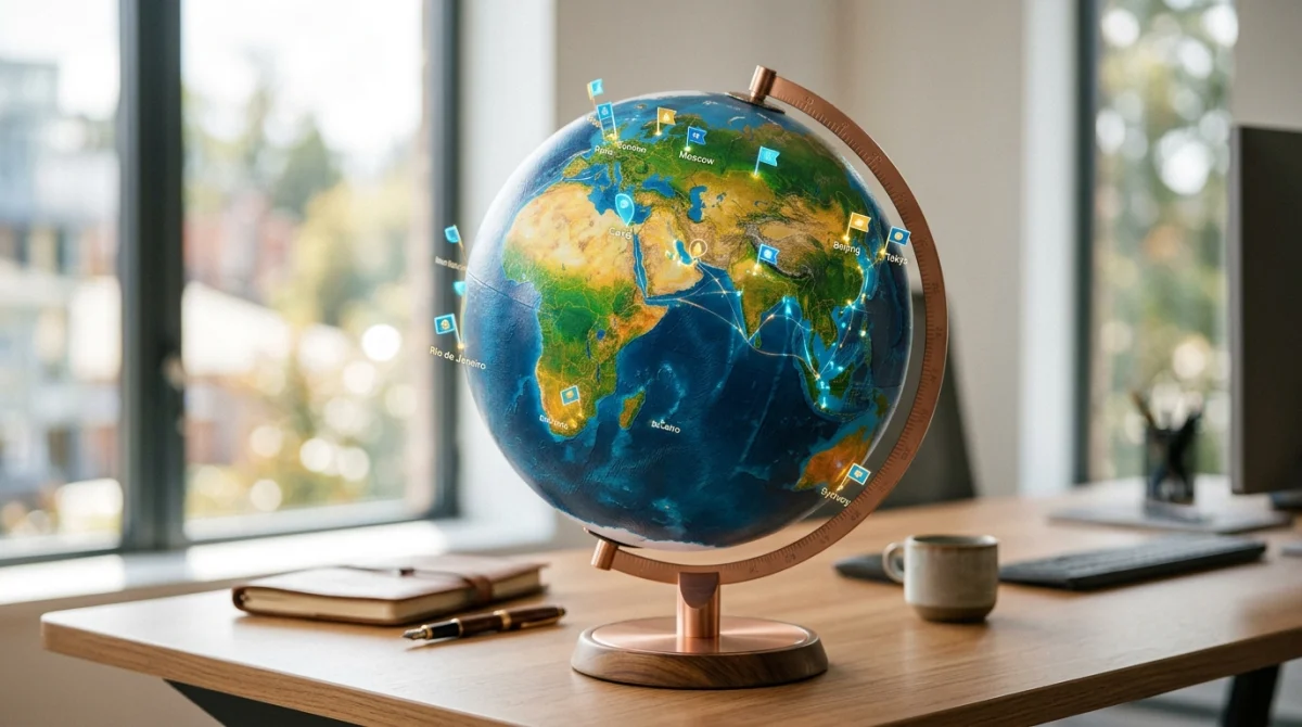 Globe terrestre stylisé avec marqueurs de localisation lumineux, symbolisant l'exploration et les destinations Jetpunk.