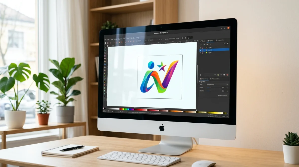 Logo Inkscape vectoriel coloré flottant sur l'écran d'un ordinateur moderne.