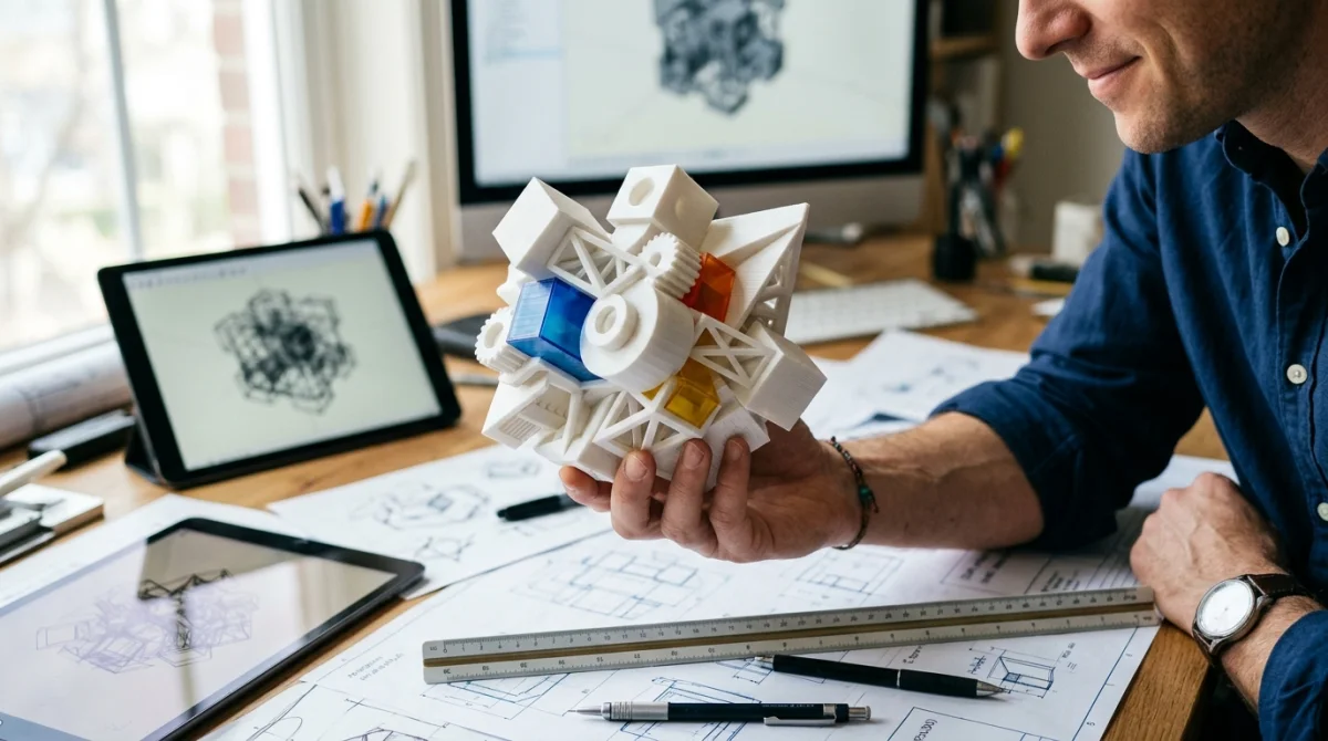 Main tenant un objet 3D abstrait OpenSCAD, bureau de designer flouté