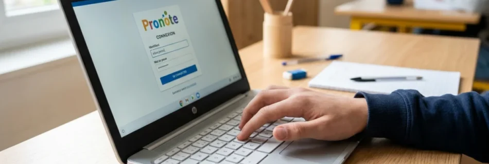 Main tapant sur un clavier d'ordinateur portable, interface Pronote visible, ambiance de travail scolaire.