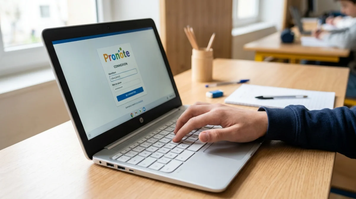 Main tapant sur un clavier d'ordinateur portable, interface Pronote visible, ambiance de travail scolaire.
