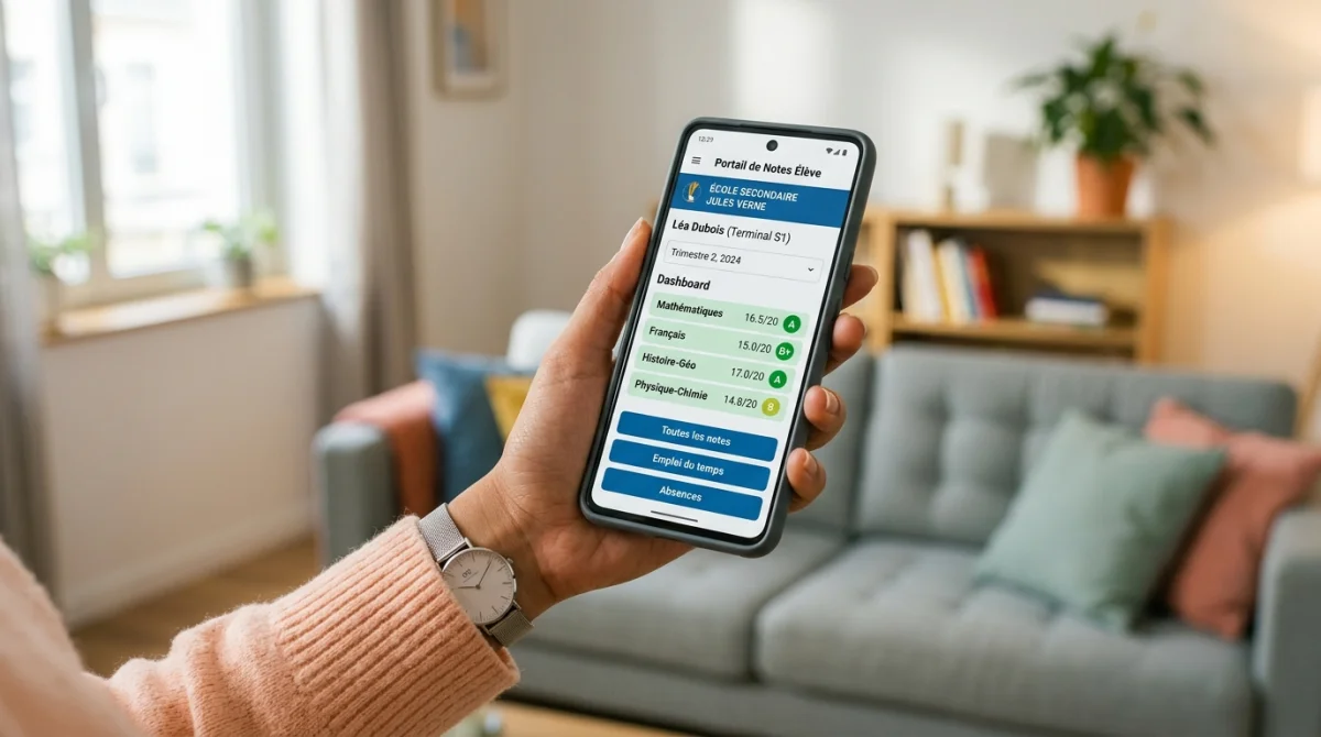 Main tenant smartphone affichant portail notes élève mon collège essonne