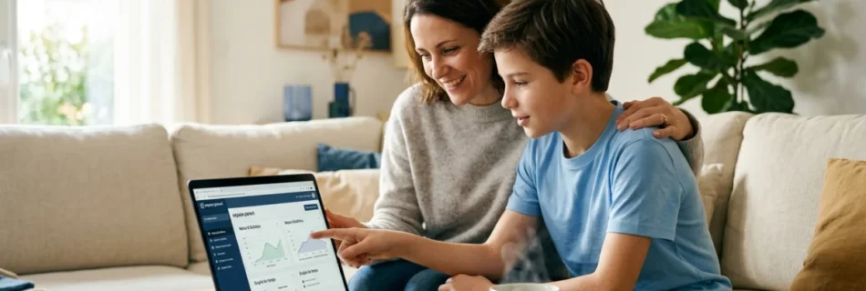 Mère et fils accèdent à l'espace parent de mon collège valdoise sur ordinateur.