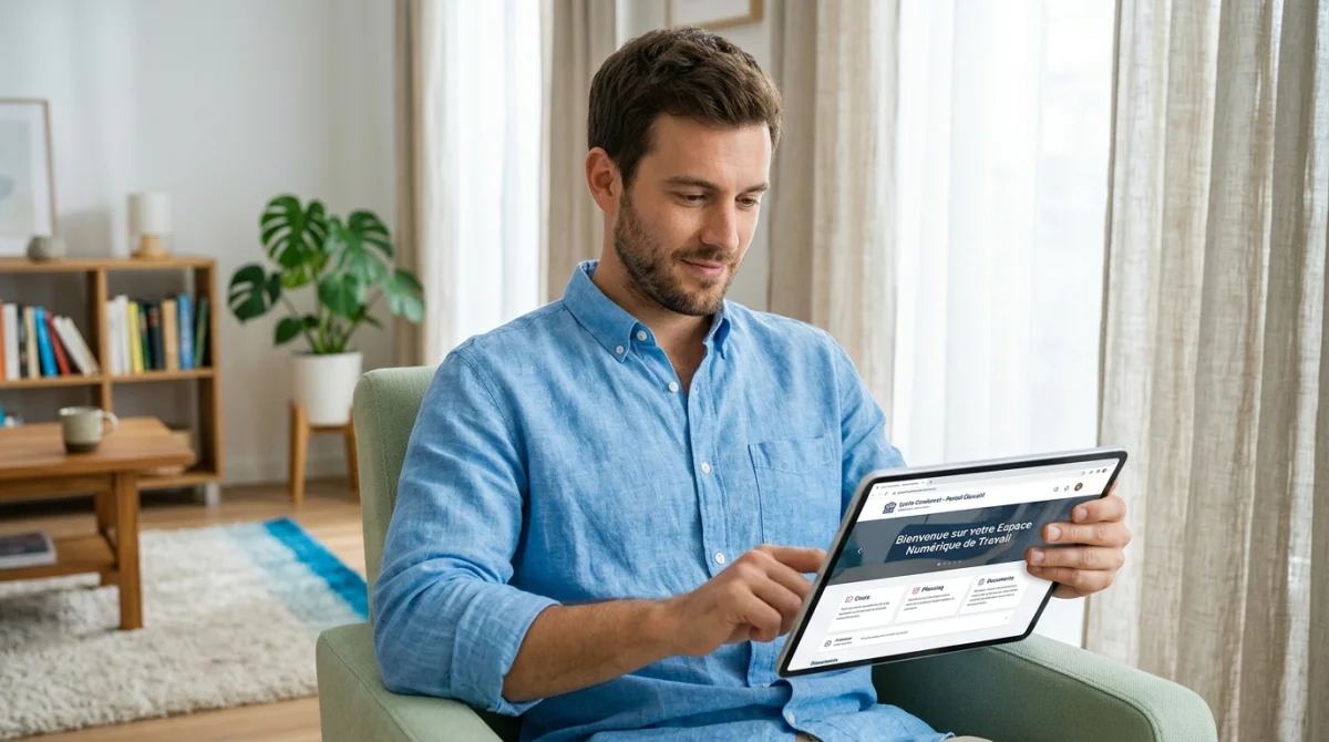 Personne consultant le site web Mon Collège Var sur une tablette dans un espace lumineux.