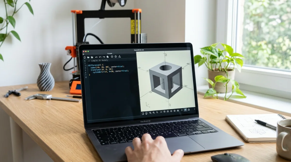 Ordinateur portable affichant OpenSCAD, création d'un modèle 3D simple sur bureau moderne.