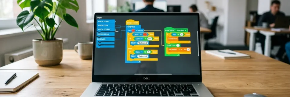 Interface de programmation visuelle Blockly sur un écran d'ordinateur portable, blocs colorés imbriqués.
