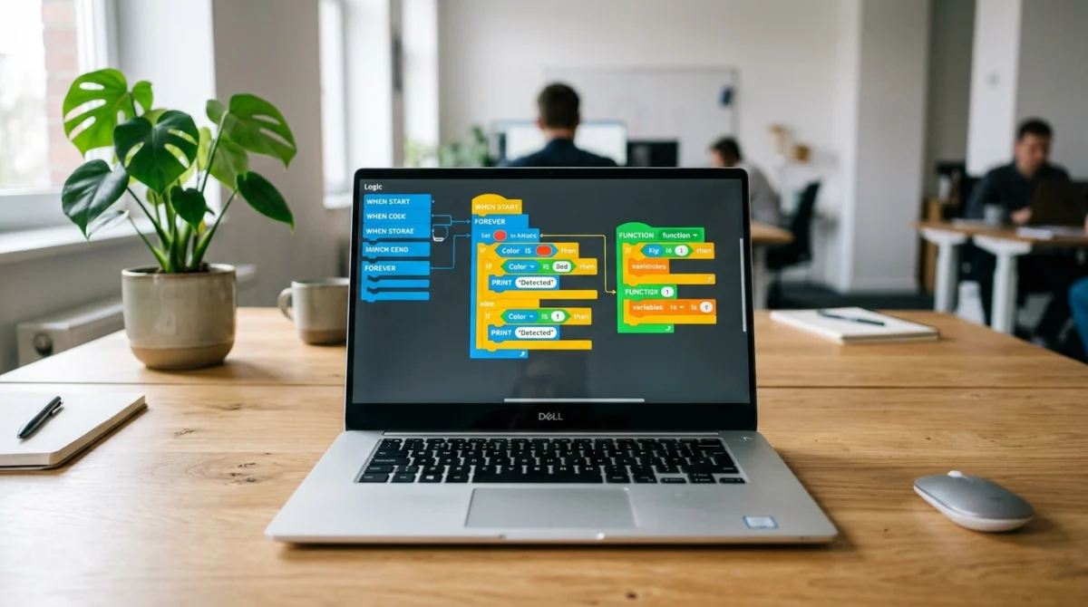 Interface de programmation visuelle Blockly sur un écran d'ordinateur portable, blocs colorés imbriqués.