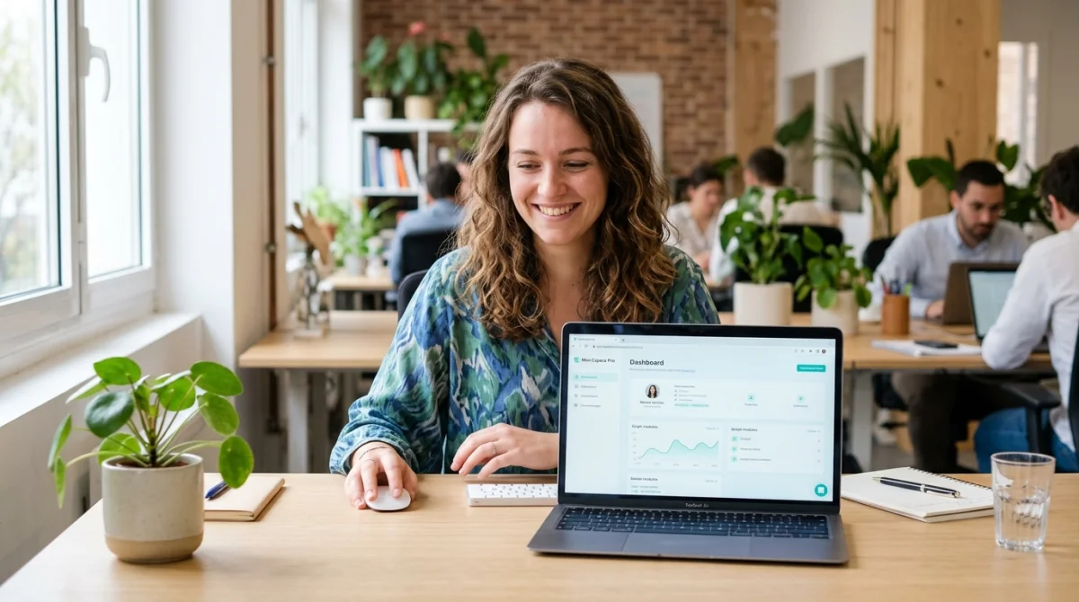 Personne souriante utilisant l'ENT UT2J sur un écran d'ordinateur dans un bureau lumineux