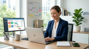 Secrétaire utilisant le logiciel Elgeaweb sur ordinateur dans un bureau moderne pour gérer une auto-école efficacement.