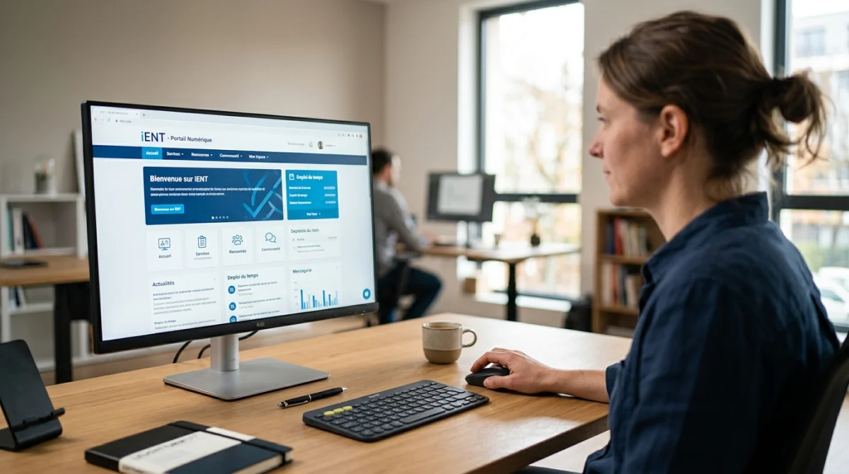 Personne naviguant sur le portail web iENT sur un écran d'ordinateur au bureau.