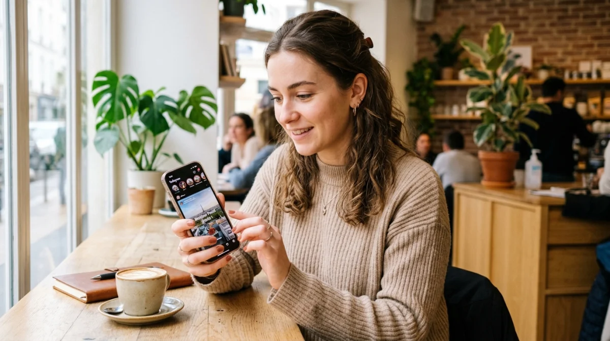 Personne regardant des stories Instagram sur son smartphone dans un café moderne.