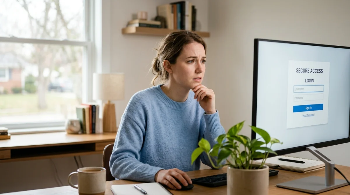 Personne préoccupée devant l'écran de connexion webmail Grenoble sur un bureau moderne.