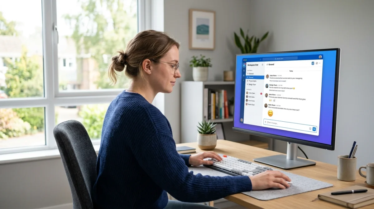 Personne utilisant le webmail de Grenoble sur un ordinateur, bureau moderne et lumineux.