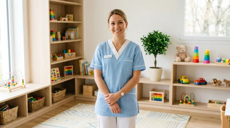 Auxiliaire de puériculture souriante dans une crèche moderne pour illustrer comment devenir auxiliaire de puériculture.