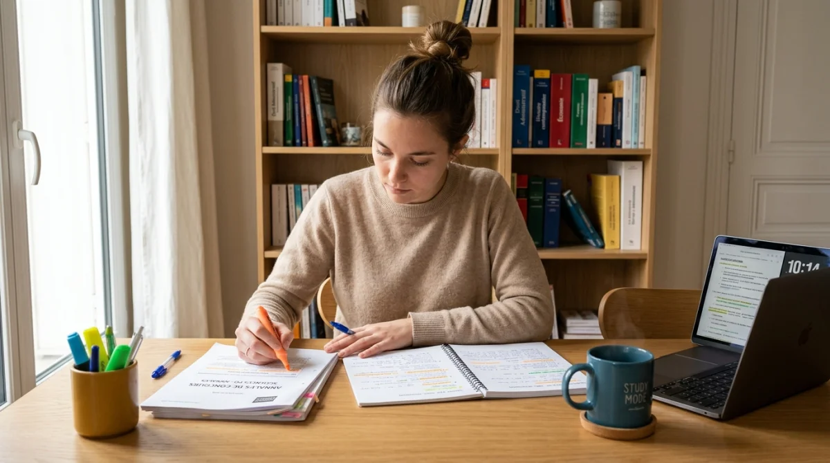 Candidate concentrée révisant ses notes pour réussir le concours et apprendre comment devenir CPE au quotidien.