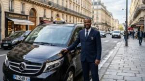 Chauffeur de taxi professionnel souriant devant son véhicule moderne pour illustrer comment devenir taxi en ville.