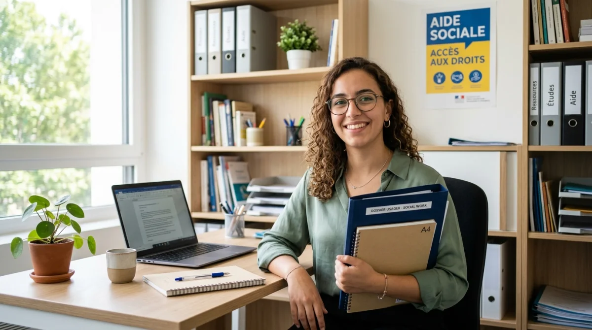 Étudiante en travail social souriante dans un bureau moderne pour illustrer comment devenir assistante sociale.