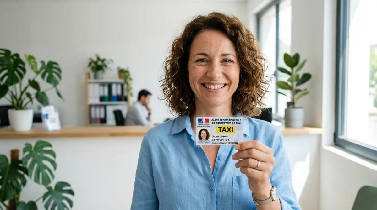 Personne souriante tenant fièrement sa carte professionnelle officielle pour expliquer comment devenir taxi dans un bureau moderne.