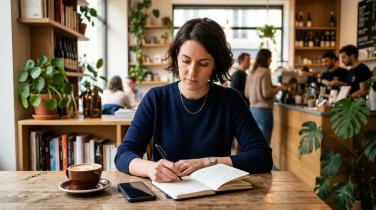 Personne professionnelle évaluant discrètement une expérience dans un café pour devenir client mystère avec un carnet.