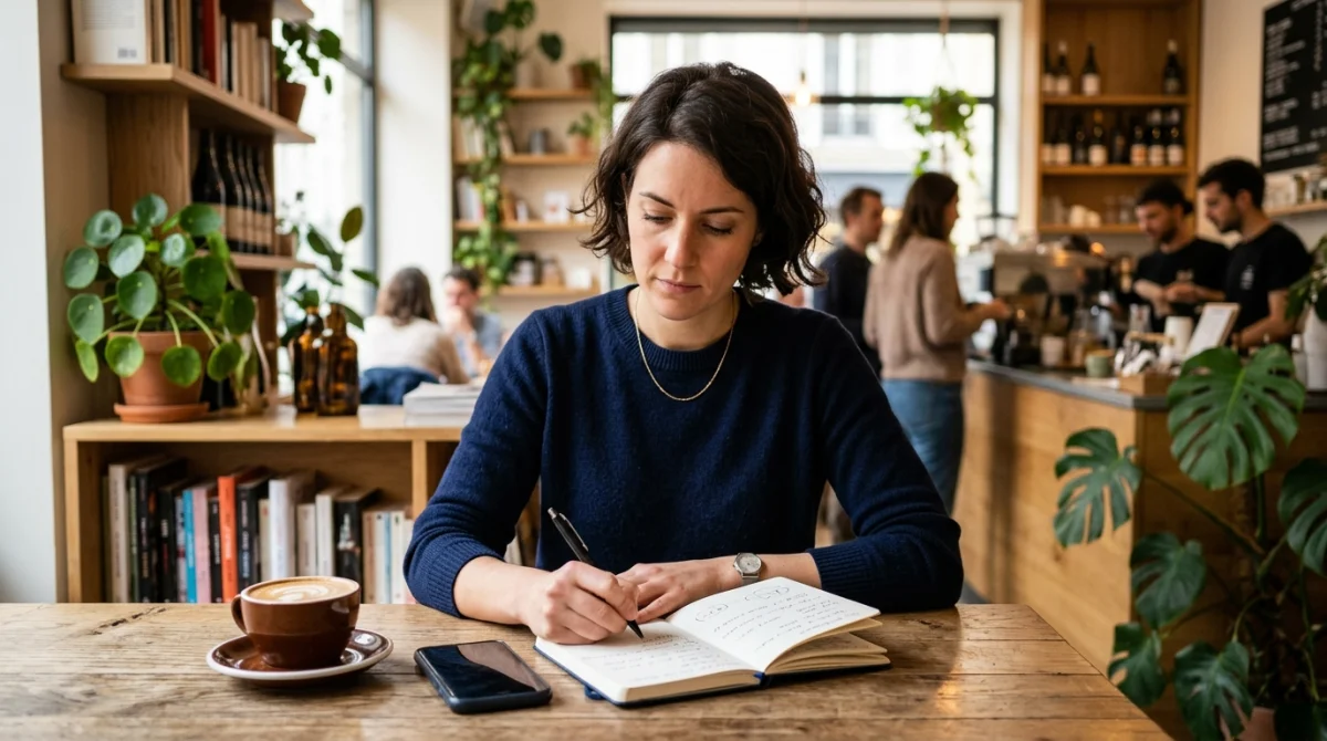 Personne professionnelle évaluant discrètement une expérience dans un café pour devenir client mystère avec un carnet.