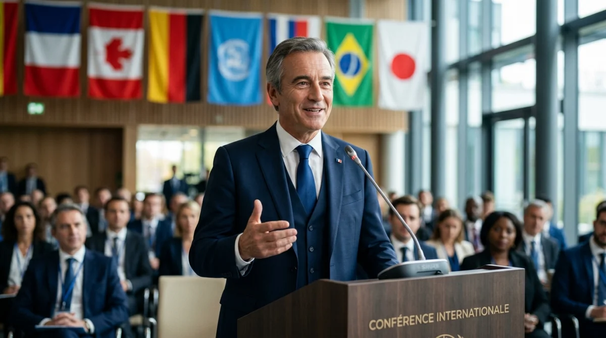 Diplomate confiant s'exprimant lors d'une conférence internationale pour illustrer comment devenir diplomate professionnel.