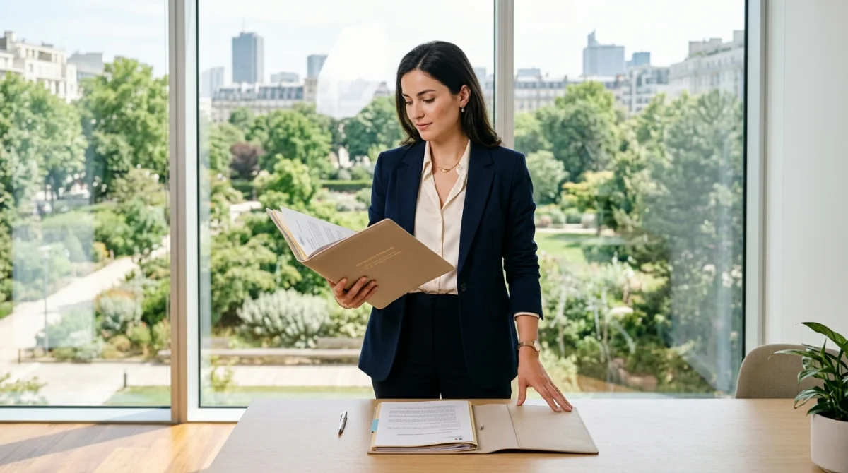 Jeune diplomate professionnelle consultant un dossier officiel dans un bureau moderne et lumineux pour devenir diplomate.