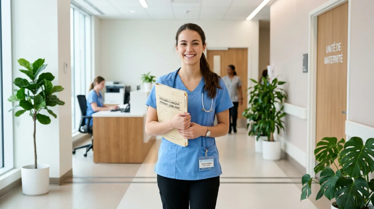Jeune sage-femme souriante en blouse médicale tenant un dossier dans un hôpital moderne pour illustrer comment devenir sage-femme.