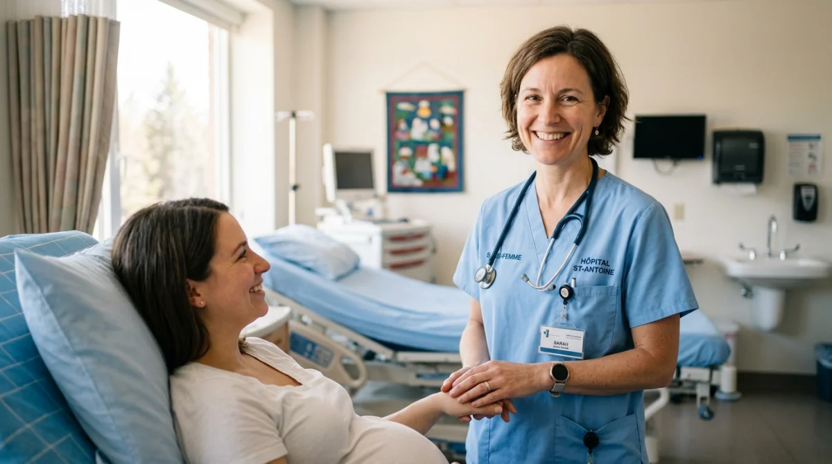 Sage-femme souriante et professionnelle en salle de consultation pour illustrer comment devenir sage-femme en milieu hospitalier.