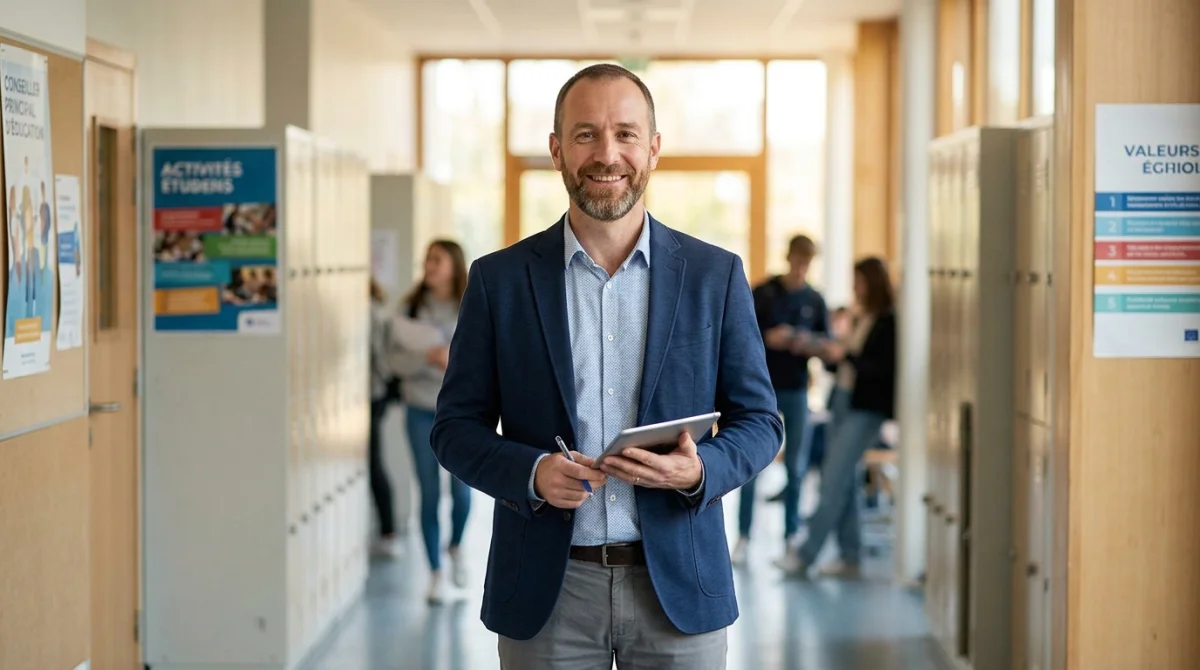 Conseiller principal d'éducation souriant et professionnel dans un couloir de lycée pour illustrer comment devenir CPE.